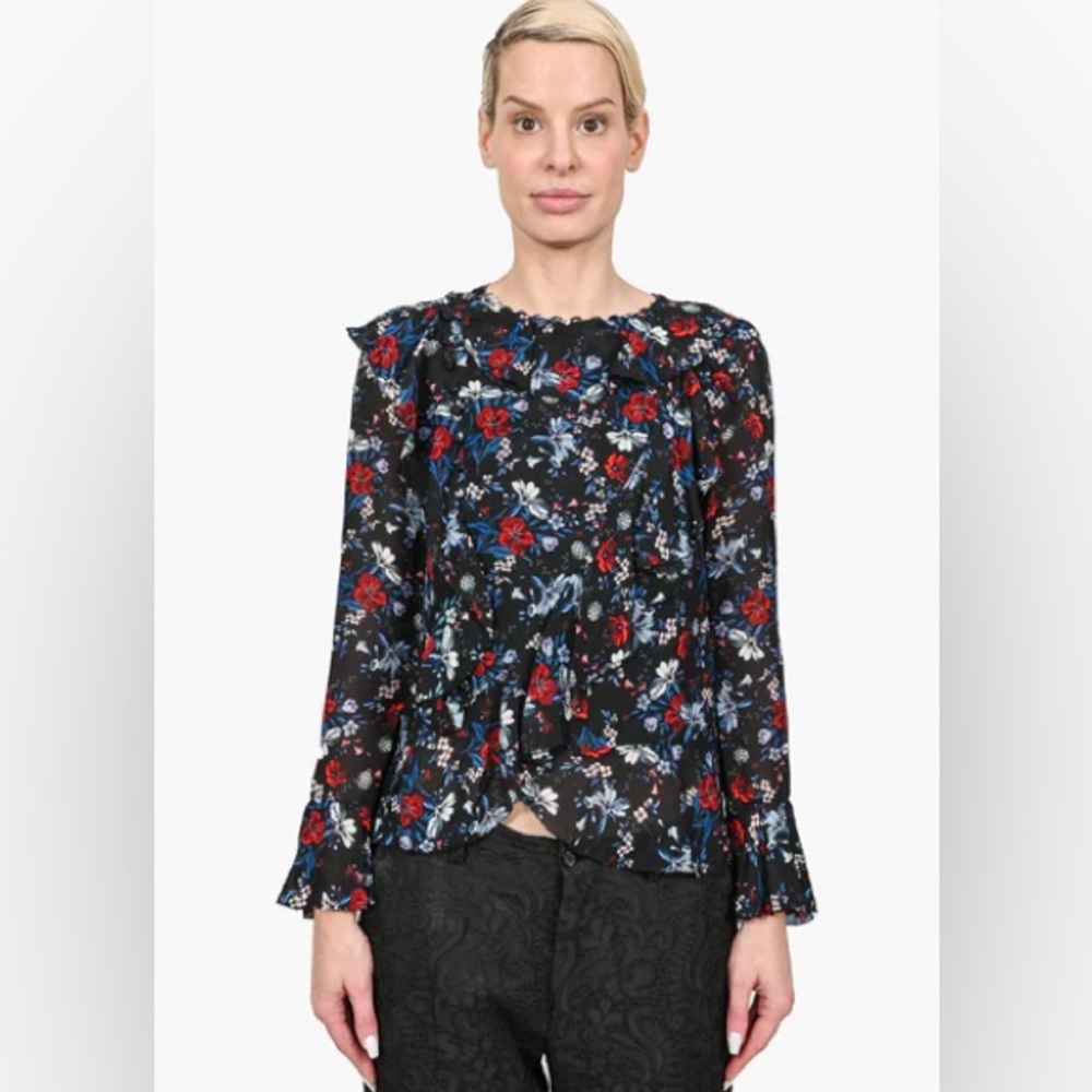 ERDEM X H&M NAVY BLUE/RED poppy FLORAL SILK RUFFLE BLOUSE SIZE 8 NWT new